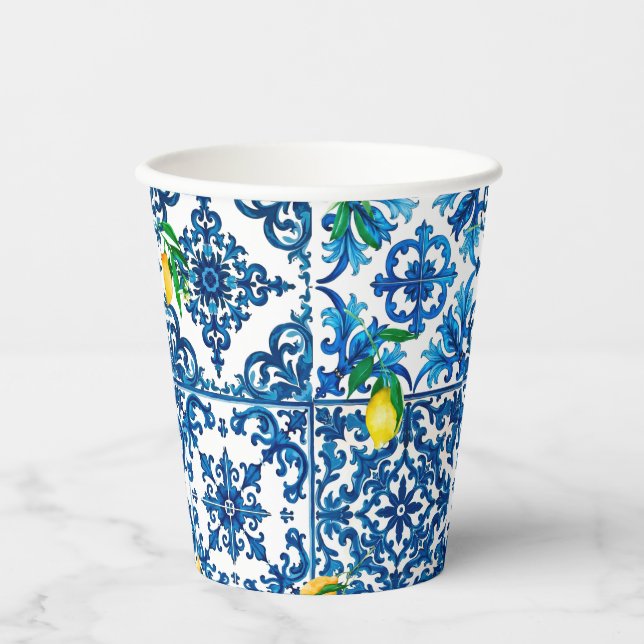 italienischer Stil, mediterran, mosaik, blau, Zitr Pappbecher (Vorderseite)