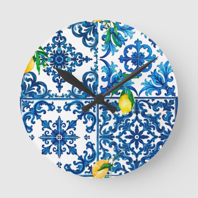 italienischer Stil, mediterran, mosaik, blau, Zitr Runde Wanduhr (Vorderseite)