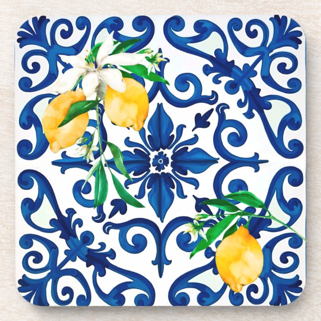 italienischer Stil, Mosaik, Blau, Zitrone, Getränkeuntersetzer (Vorderseite)