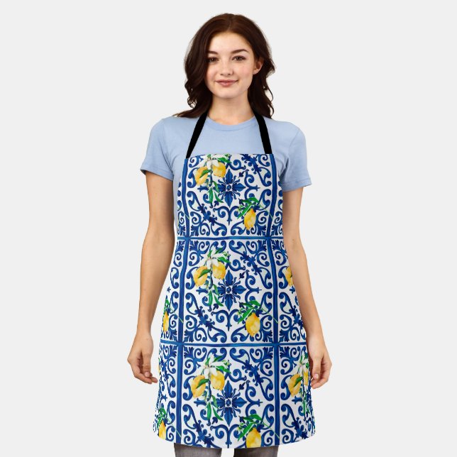 italienischer Stil, Mosaik, Blau, Zitrone, Schürze (Getragen)