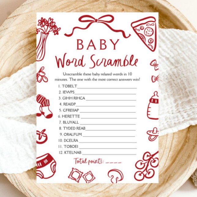 Italienisches Baby Word Scramble Spiel mit der rot Einladung (Red Hand Drawn Italian Baby Word Scramble Game)