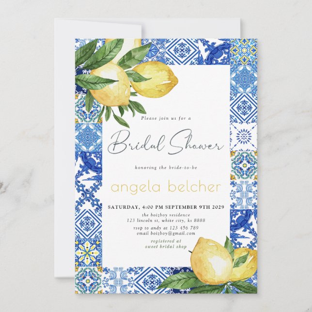 Italienisches blaues Tiles Lemon Brautparty Einladung (Vorderseite)