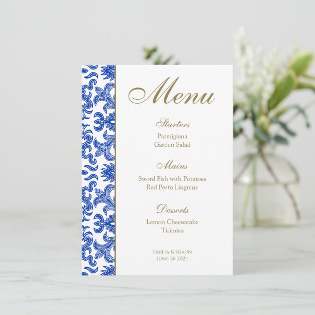 Italienisches "Blue and White Wedding" Menü Menükarte (Stehend Vorderseite)