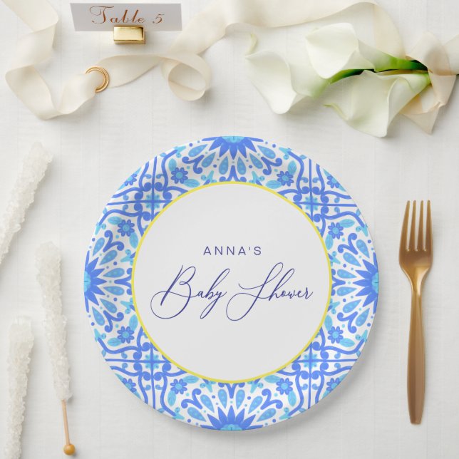 Italienisches Blue Tile Yellow Line Baby Duschskri Pappteller (Hochzeit)