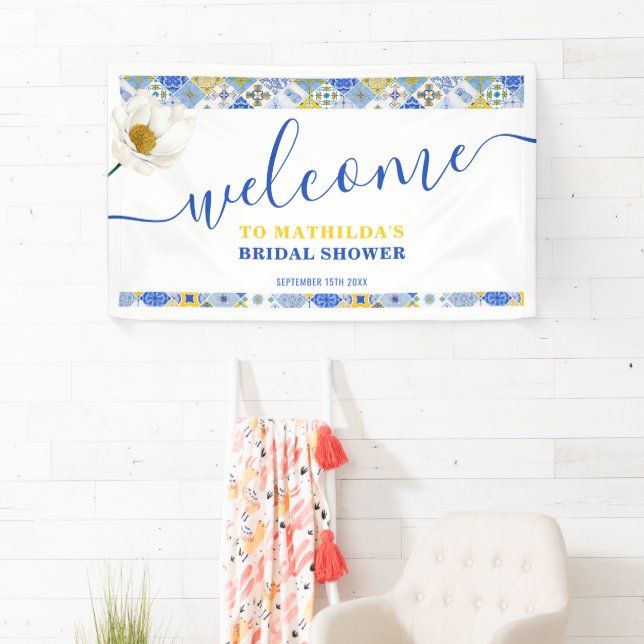 Italienisches Blue Tiles Summer Brautparty Willkom Banner (Insitu)