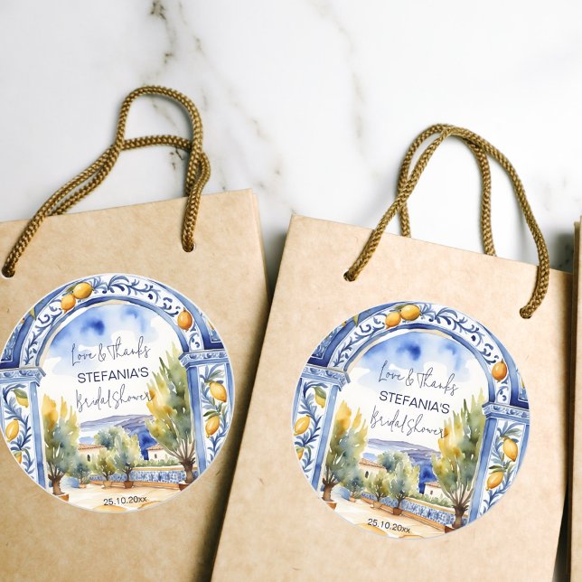 Italienisches Brautparty aus Blauzungenkacheln Runder Aufkleber (Italian Blue tiles arch lemons bridal shower thank you favor Sticker watercolor Mediterranean scener)