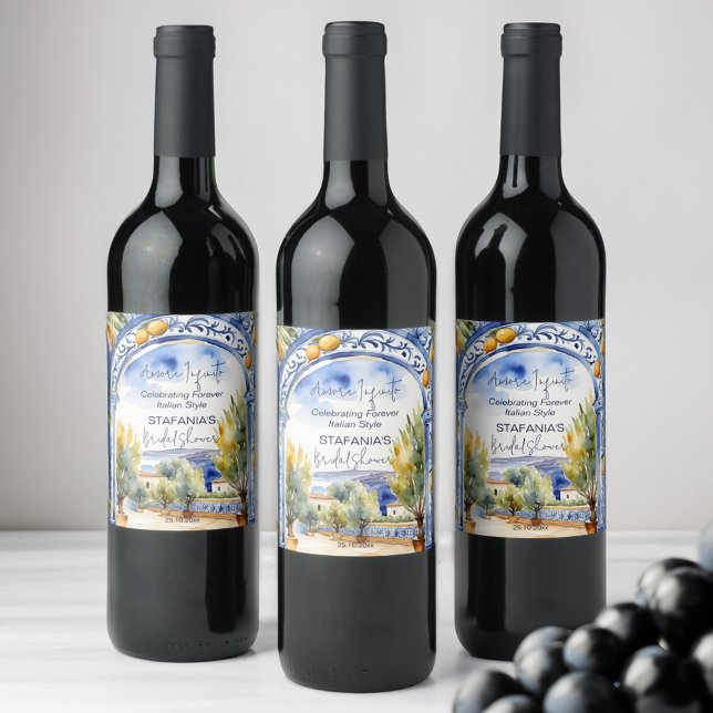 Italienisches Brautparty aus Blauzungenkacheln Weinetikett (Italian Blue tiles arch lemons bridal shower Wine Label personalized wine labels Italian scenery)