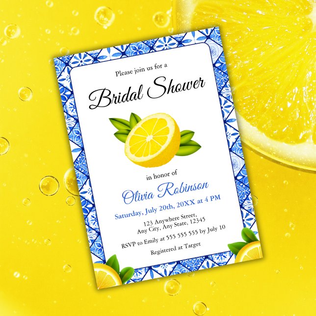 Italienisches Brautparty Tile Lemon Einladung (Mediterranean Italian Blue Tile Lemon Bridal Shower Invitation  )