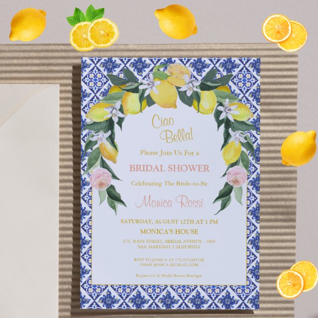 Italienisches Citrus Blue Tiles Summer Brautparty Einladung (Von Creator hochgeladen)