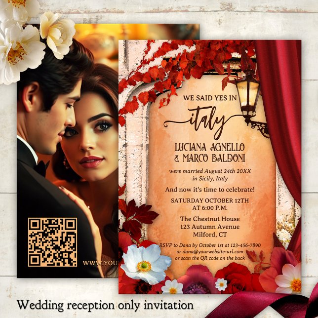 Italienisches Fall Elopement Hochzeitsempfang Foto Einladung (Italian wedding reception only or elopement invitation featuring a roman arch with fall leaves)