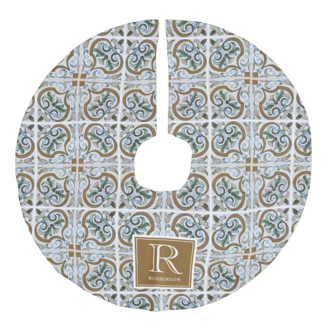 Italienisches Fliesenmuster, Monogramm Leinenimitat Weihnachtsbaumdecke (Vorderseite)
