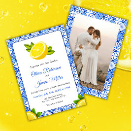 Italienisches Foto Hochzeit am blauen Tile Einladung