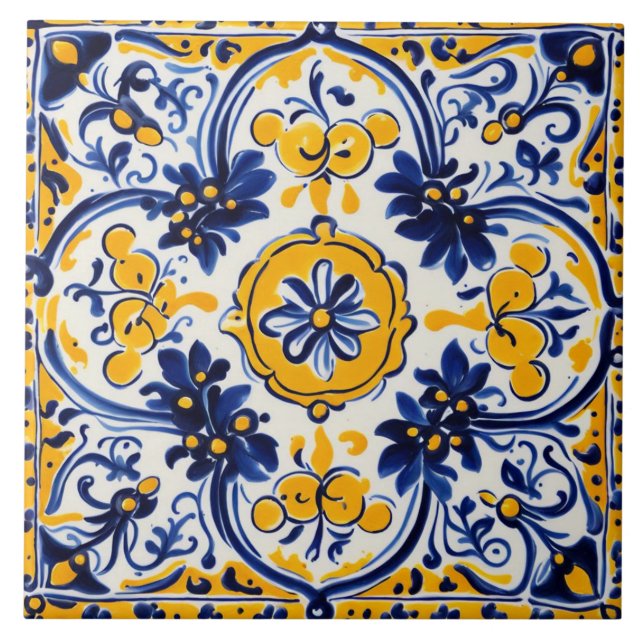 Italienisches Gelb und Blume der Marine Fliese (Vorderseite)