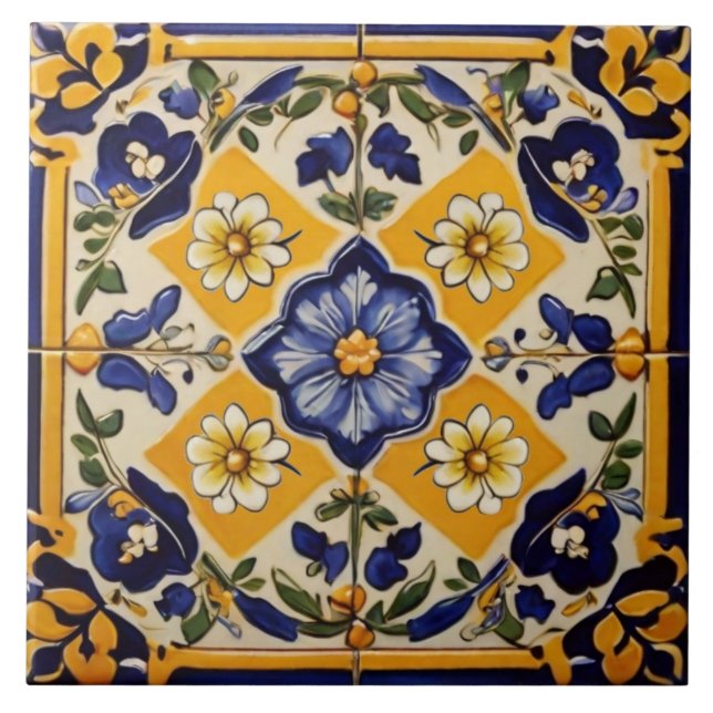 Italienisches Gelb und Blume der Marine Fliese (Vorderseite)