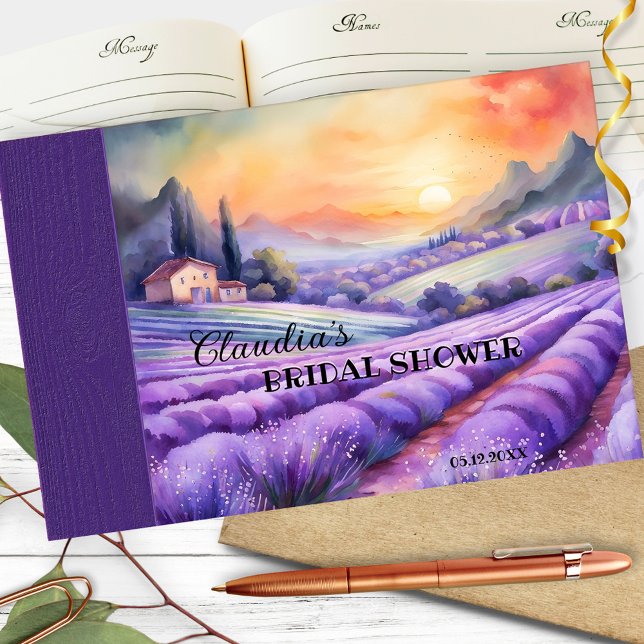 Italienisches Lavendel Brautparty Gästebuch (Guest book featuring a watercolor painting of an Italian/French landscape scene with lavender fields)