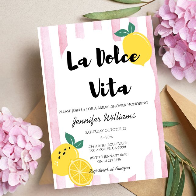 Italienisches Lemon Brautparty Pink Dolce Vita Doo Einladung (Italian Lemon Bridal Shower Pink Dolce Vita Doodle Invitation)