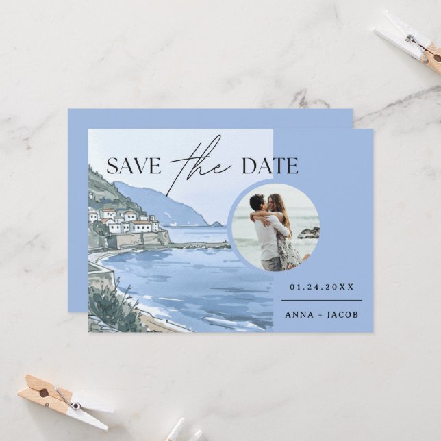 Italienisches Meer mit Foto Save the Date Hochzeit Einladung (Vorderseite/Rückseite Beispiel)