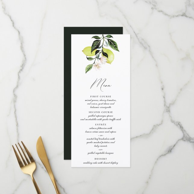 Italienisches Menü "Lemons Calligraphy" Menükarte (Vorderseite/Rückseite Beispiel)