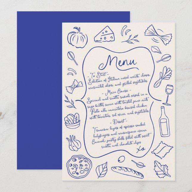 Italienisches Menü mit Handzeichen Blau und Creme Menükarte (Vorne/Hinten)