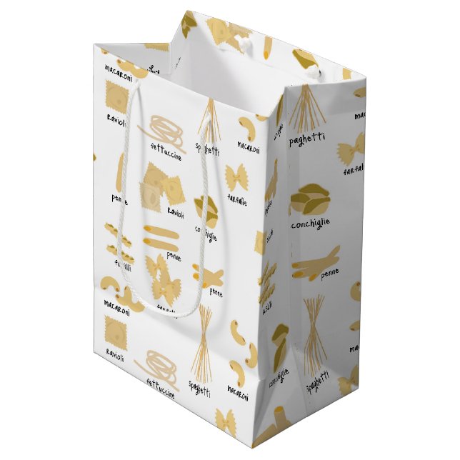 Italienisches Pasta-Gebilde und Namensmuster Mittlere Geschenktüte (Vorderseite Schrägansicht)