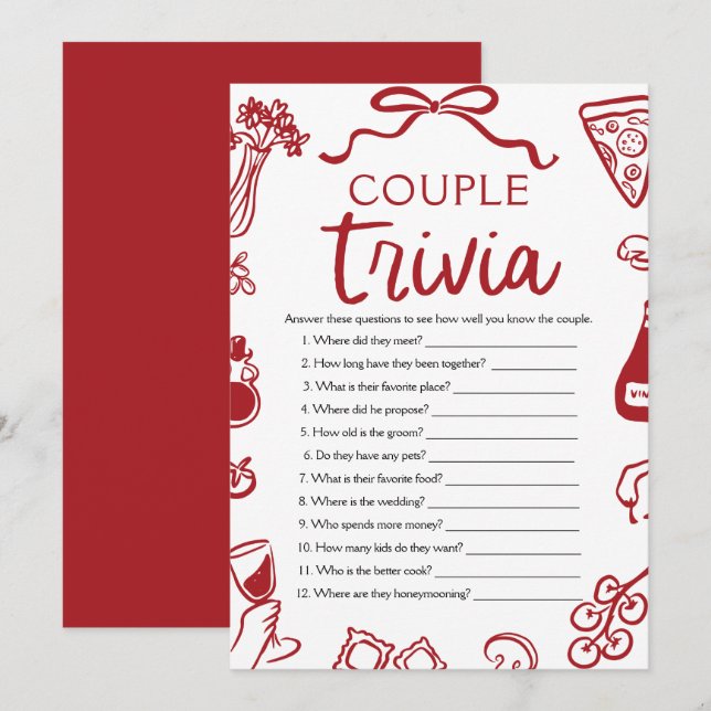 Italienisches Pizza Couple Trivia Brautparty Game Einladung (Vorne/Hinten)