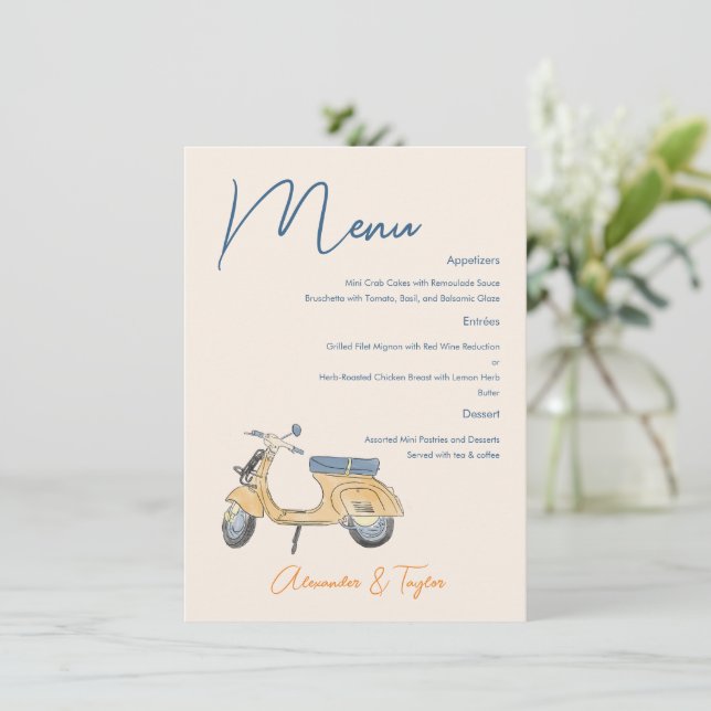 Italienisches Scooter-Hochzeitmenü Menükarte (Stehend Vorderseite)