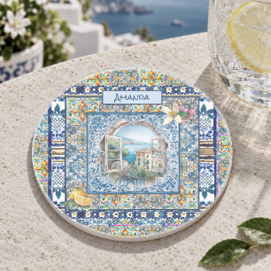 italienisches Sommer-Blumenmuster blaue Fliesen Zi Getränkeuntersetzer