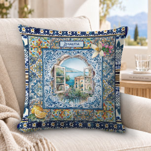 italienisches Sommerblumenmuster blaue Fliesen Zit Kissen