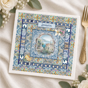 italienisches sommerblumenmuster blaue fliesen zit serviette