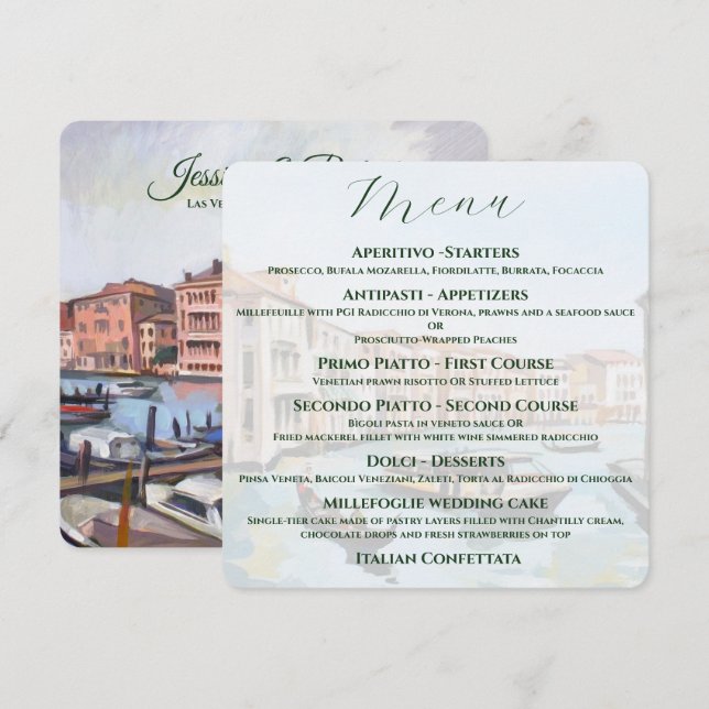 Italienisches Thema - Venezianische Hochzeit Menükarte (Vorne/Hinten)