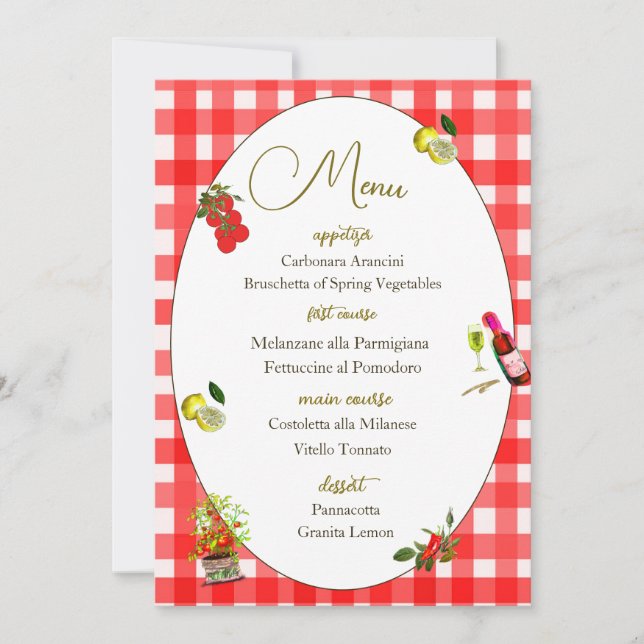 Italienisches Theme Red Pattern Lemon Menü Einladung (Vorderseite)
