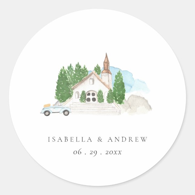 Italienisches Wasserfarbenhaus Hochzeitsadresse Runder Aufkleber (Vorderseite)