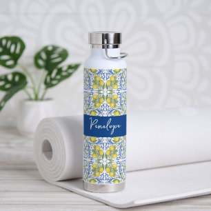 Italienisches Zitronen-Mittelmeer-Blau-Fliesenmust Trinkflasche