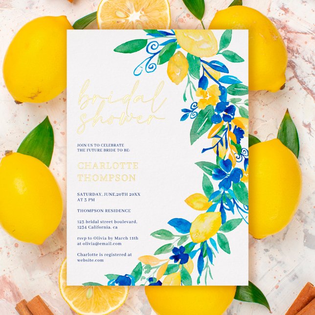 Italienisches Zitronenblumenschrift-Brautparty Folieneinladung (Von Creator hochgeladen)