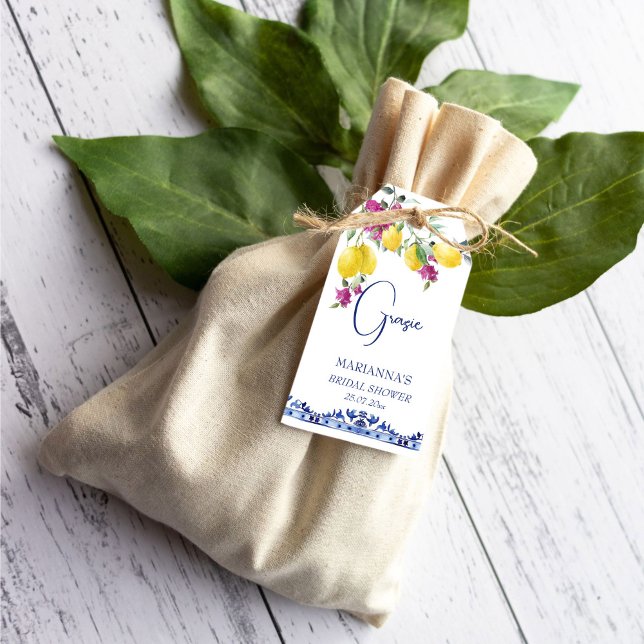 Italienisches Zitronenbougainvillea Brautparty bev Geschenkanhänger (Vintage Italian tiles lemons bougainvillea bridal shower personalized thank you favor gift tags )