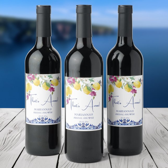 Italienisches Zitronenbougainvillea Brautparty bev Weinetikett (That's amore Italian lemons bougainvillea citrus bridal shower favors personalized  wine labels)
