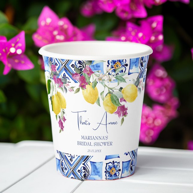 Italienisches Zitronenbougainvillea Zitrusfrüchte  Pappbecher (Italian maiolica blue tiles lemons bougainvillea citrus bridal shower personalized paper cups )