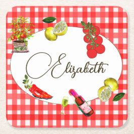 Italienisches Zitronenmeer Rotes weißes Muster Rechteckiger Pappuntersetzer