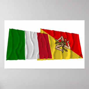Italy and Sicilia waving flags Poster