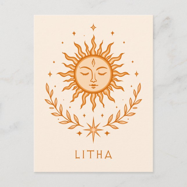 itha Celestial Sun Face Botanical Wreath Art Postkarte (Vorderseite)