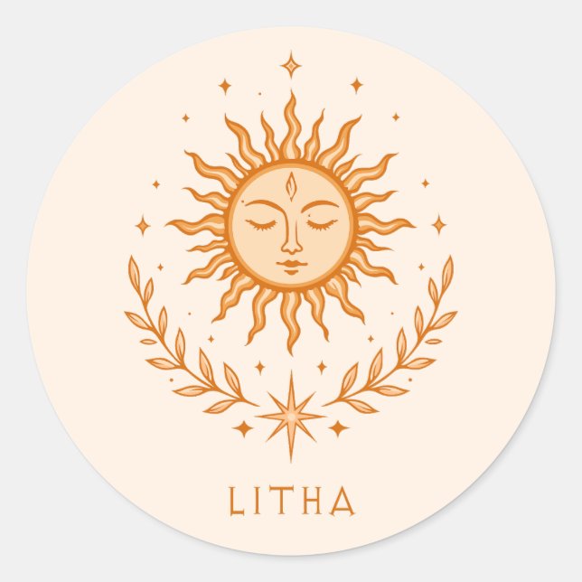 itha Celestial Sun Face Botanical Wreath Art Runder Aufkleber (Vorderseite)