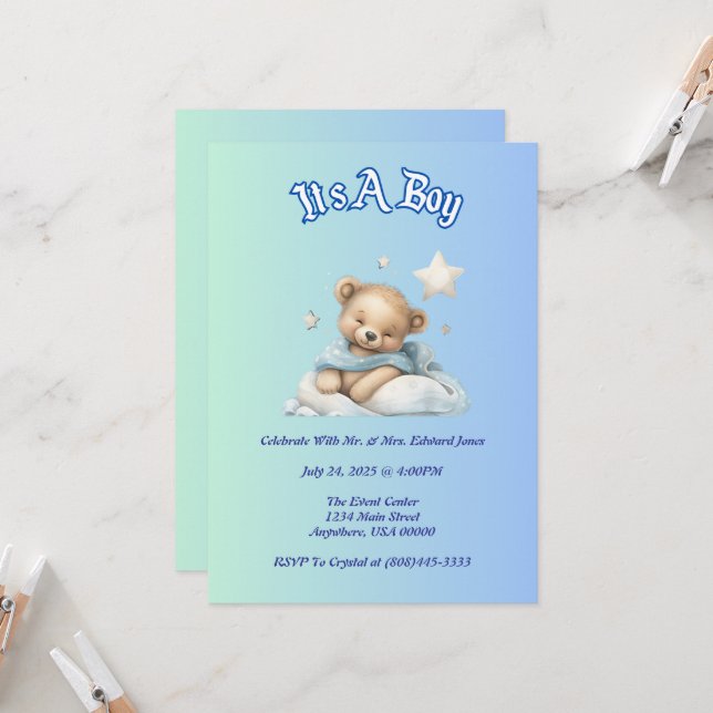 "It's A Boy" Baby Dusche Party Dekor - Teddy Bear Einladung (Vorderseite/Rückseite Beispiel)