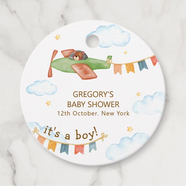 It's A Boy Bear Airplane Sky Baby Shower  Geschenkanhänger (Vorderseite)