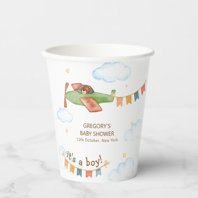 It's A Boy Bear Airplane Sky Baby Shower  Pappbecher (Vorderseite)