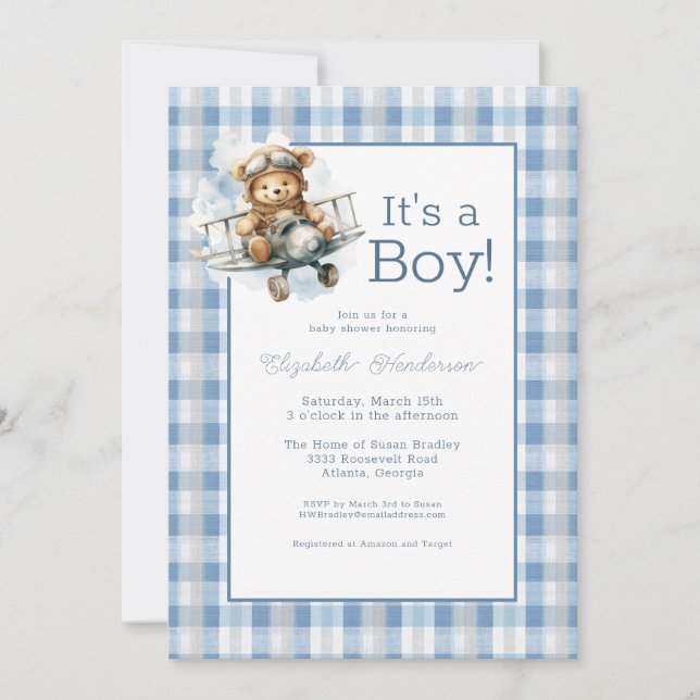 It's a Boy Blue Airplane Baby Shower Invitation Einladung (Vorderseite)