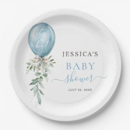 It's A Boy Blue Balloon Bow Greenery Baby Shower Pappteller