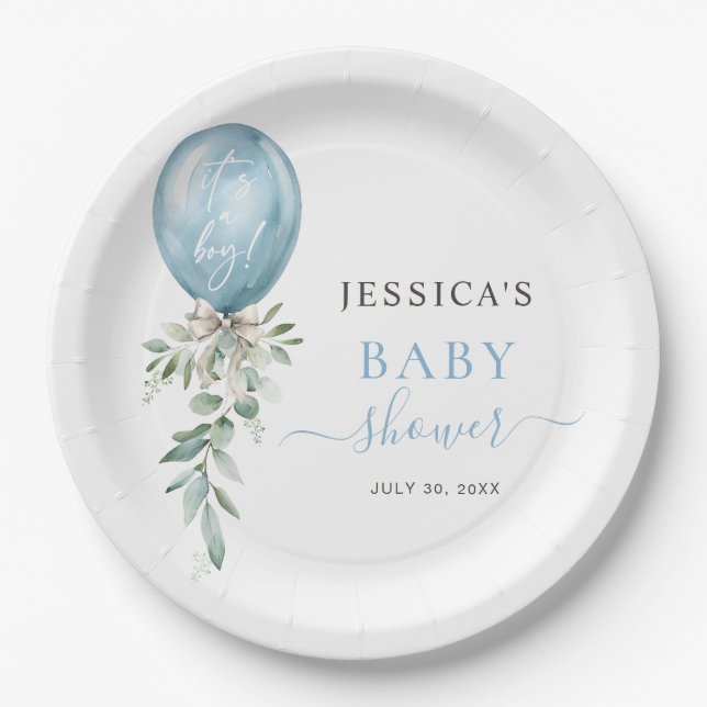 It's A Boy Blue Balloon Bow Greenery Baby Shower Pappteller (Vorderseite)