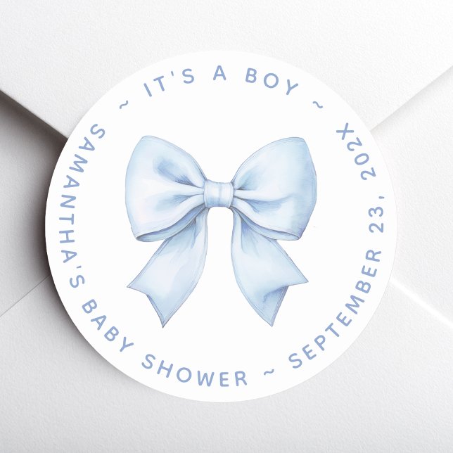 It's a Boy Blue Bow Baby Shower  Runder Aufkleber (Von Creator hochgeladen)