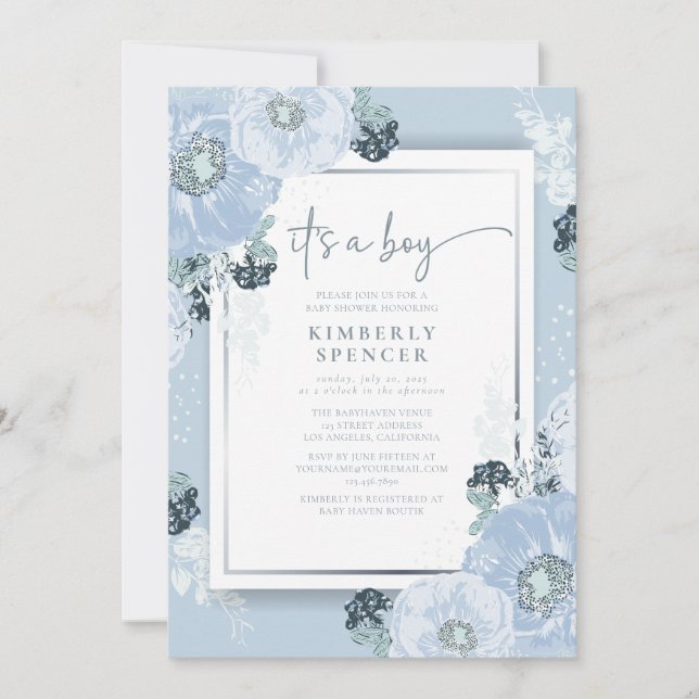 It's A Boy Blue Floral Baby Shower  Einladung (Vorderseite)