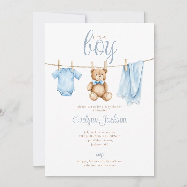 Its A Boy Clothesline Baby Shower All In One Einladung (Vorderseite)
